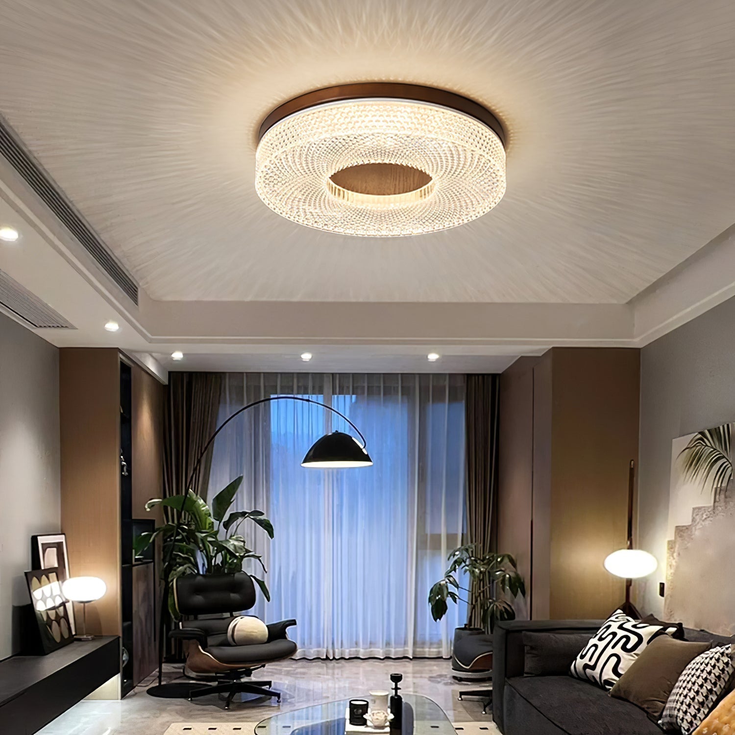 Modern Round Acrylic Halo LED Ceiling Light with Wood Trim and Adjustable Three Color Temperatures