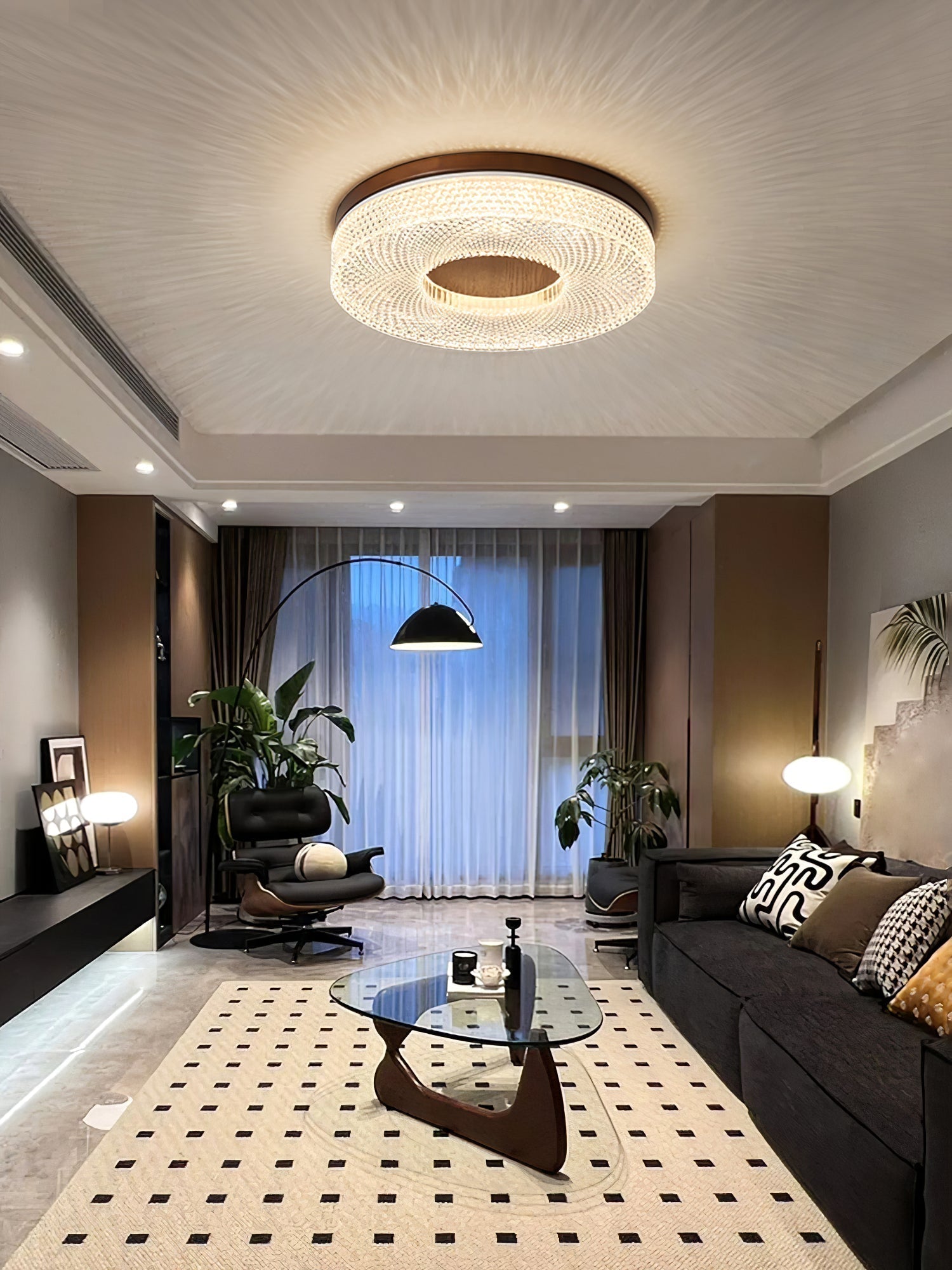 Modern Round Acrylic Halo LED Ceiling Light with Wood Trim and Adjustable Three Color Temperatures