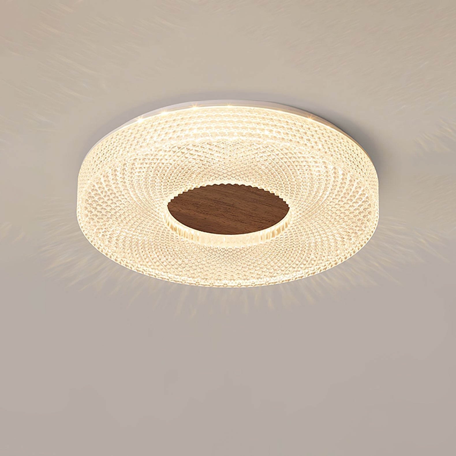 Modern Round Acrylic Halo LED Ceiling Light with Wood Trim and Adjustable Three Color Temperatures