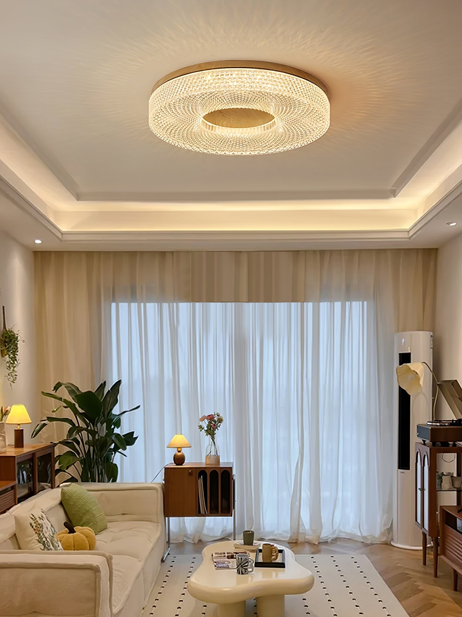 Modern Round Acrylic Halo LED Ceiling Light with Wood Trim and Adjustable Three Color Temperatures