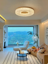 Modern Round Acrylic Halo LED Ceiling Light with Wood Trim and Adjustable Three Color Temperatures