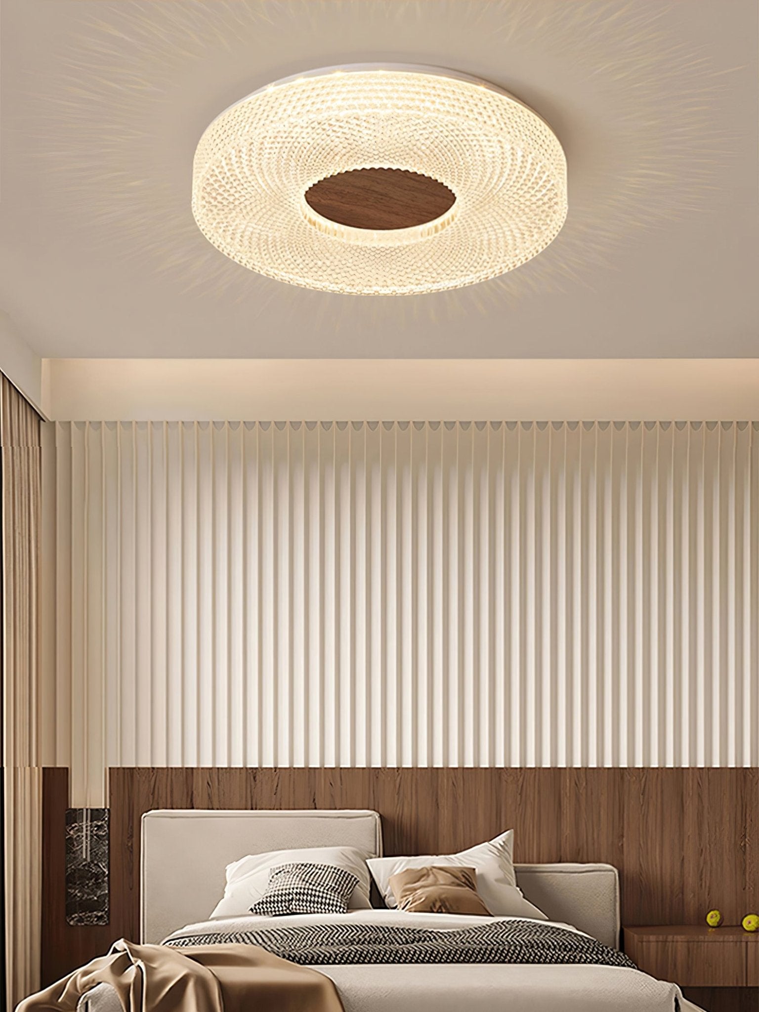 Modern Round Acrylic Halo LED Ceiling Light with Wood Trim and Adjustable Three Color Temperatures