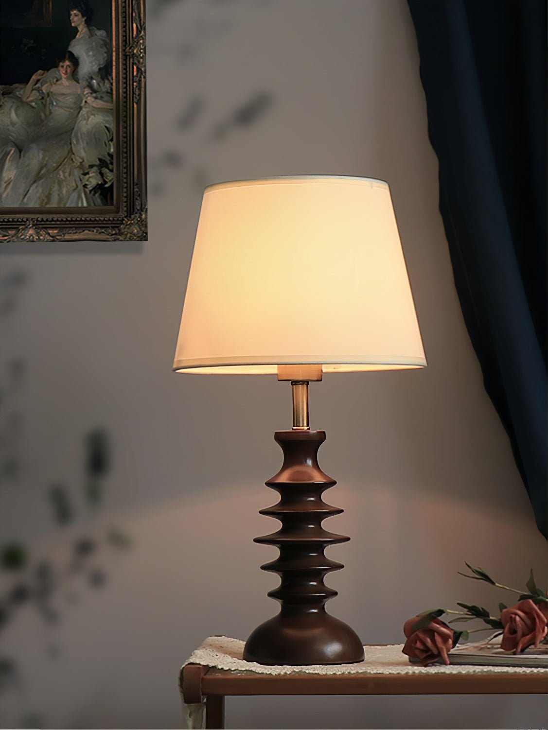 Modern Black Walnut Table Lamp with Handmade Linen Fabric Shade for Bedroom and Living Room