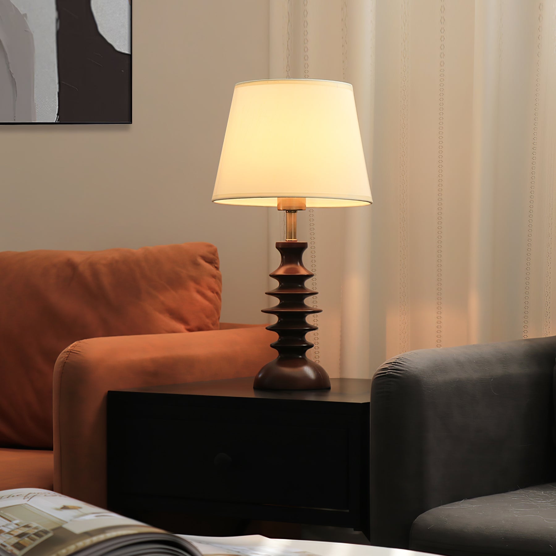 Modern Black Walnut Table Lamp with Handmade Linen Fabric Shade for Bedroom and Living Room