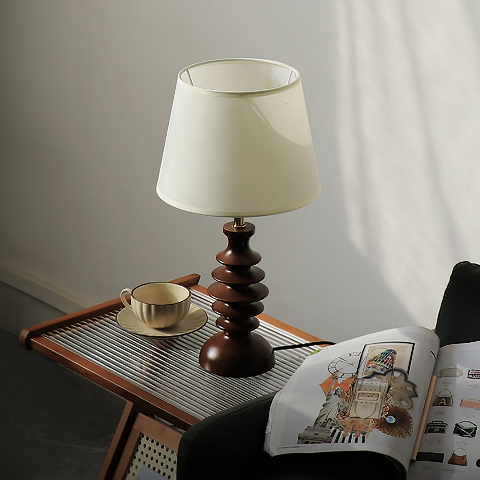 Modern Black Walnut Table Lamp with Handmade Linen Fabric Shade for Bedroom and Living Room