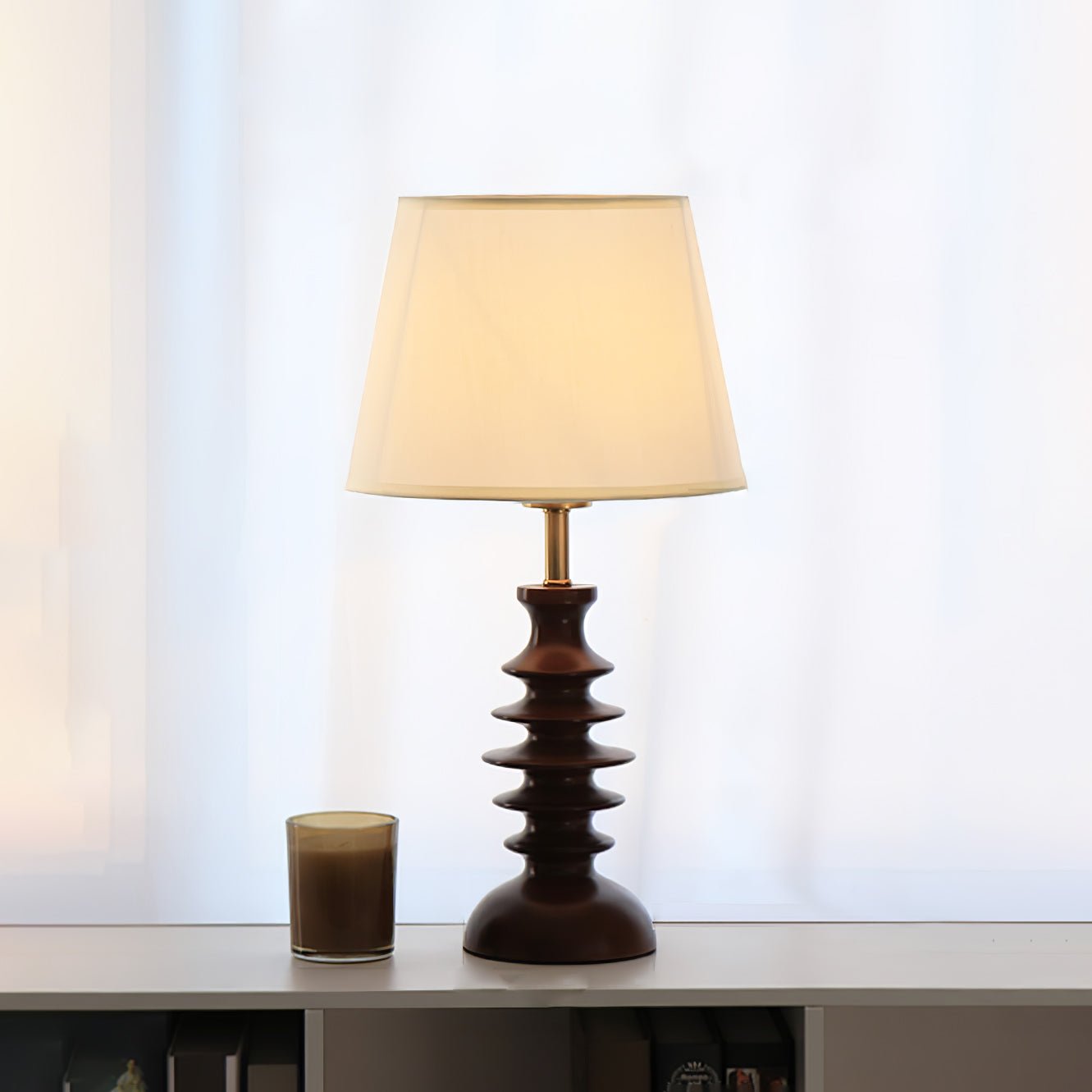 Modern Black Walnut Table Lamp with Handmade Linen Fabric Shade for Bedroom and Living Room