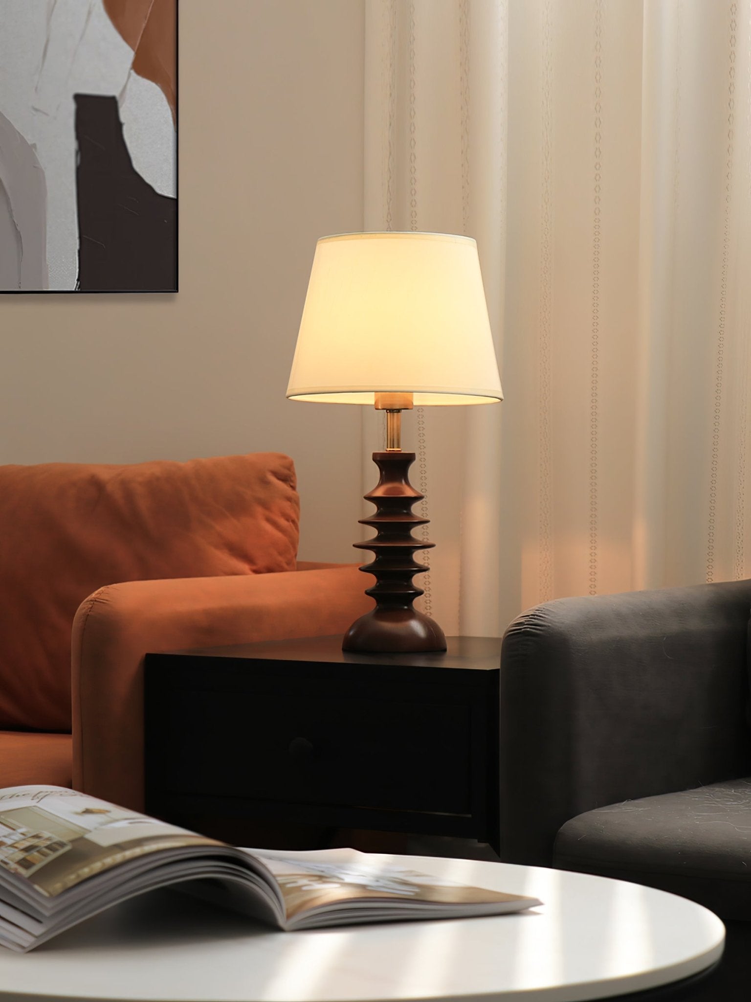 Modern Black Walnut Table Lamp with Handmade Linen Fabric Shade for Bedroom and Living Room