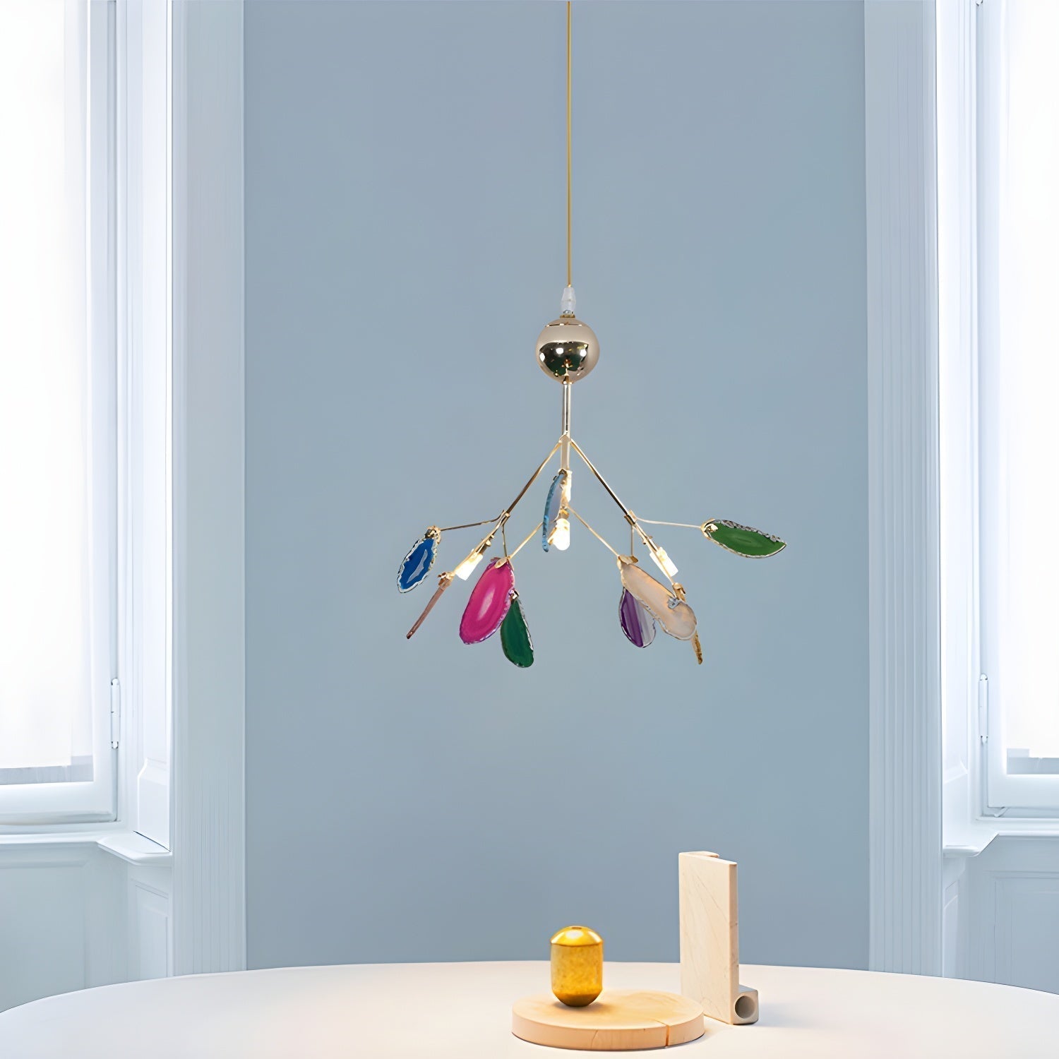 Modern Agate Flake Crown Chandelier Natural Onyx Stone Pendant Light in Gold