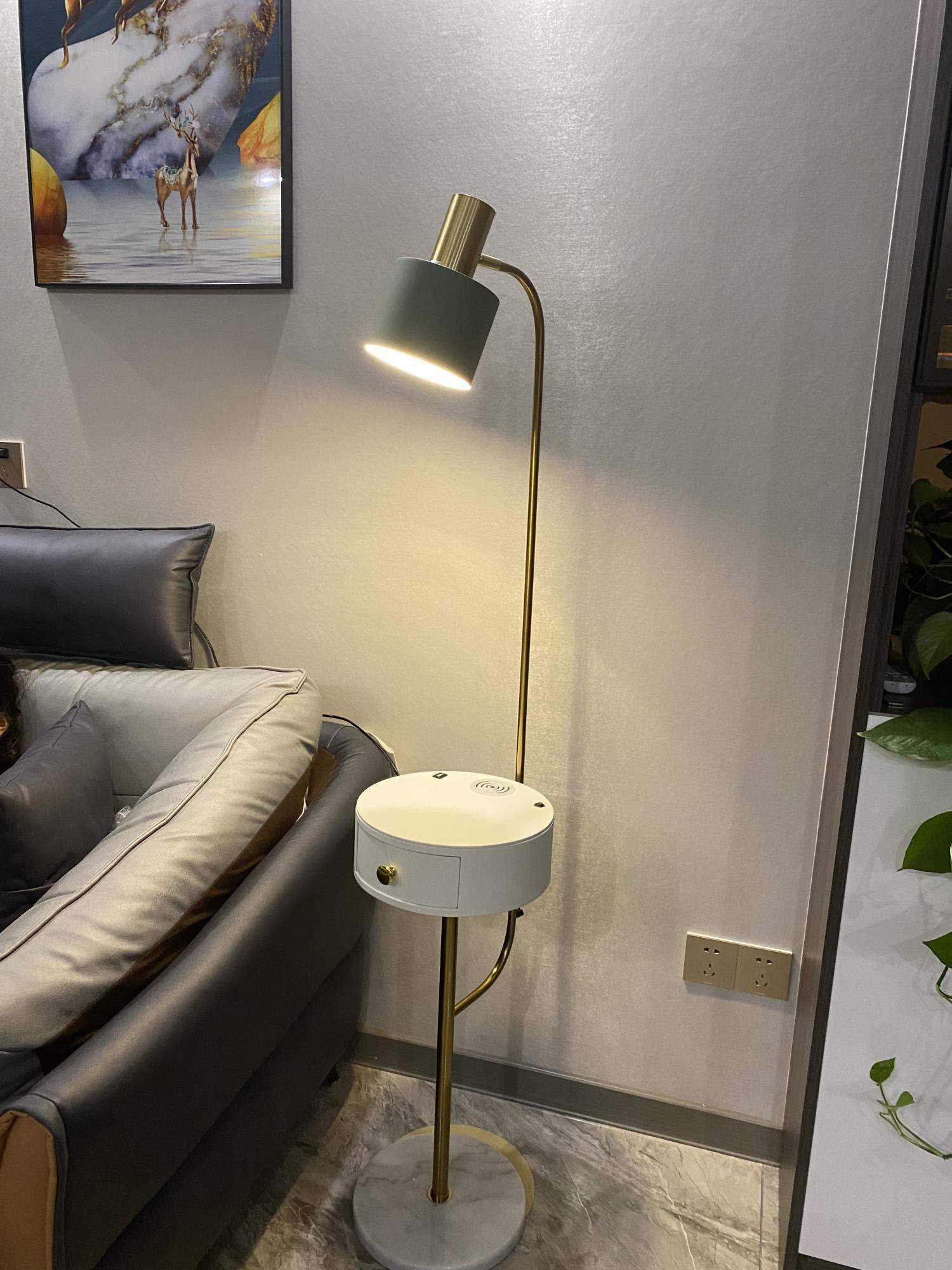 Agueda Modern Standing Floor Lamp with Integrated Wood Side Table and Marble Base