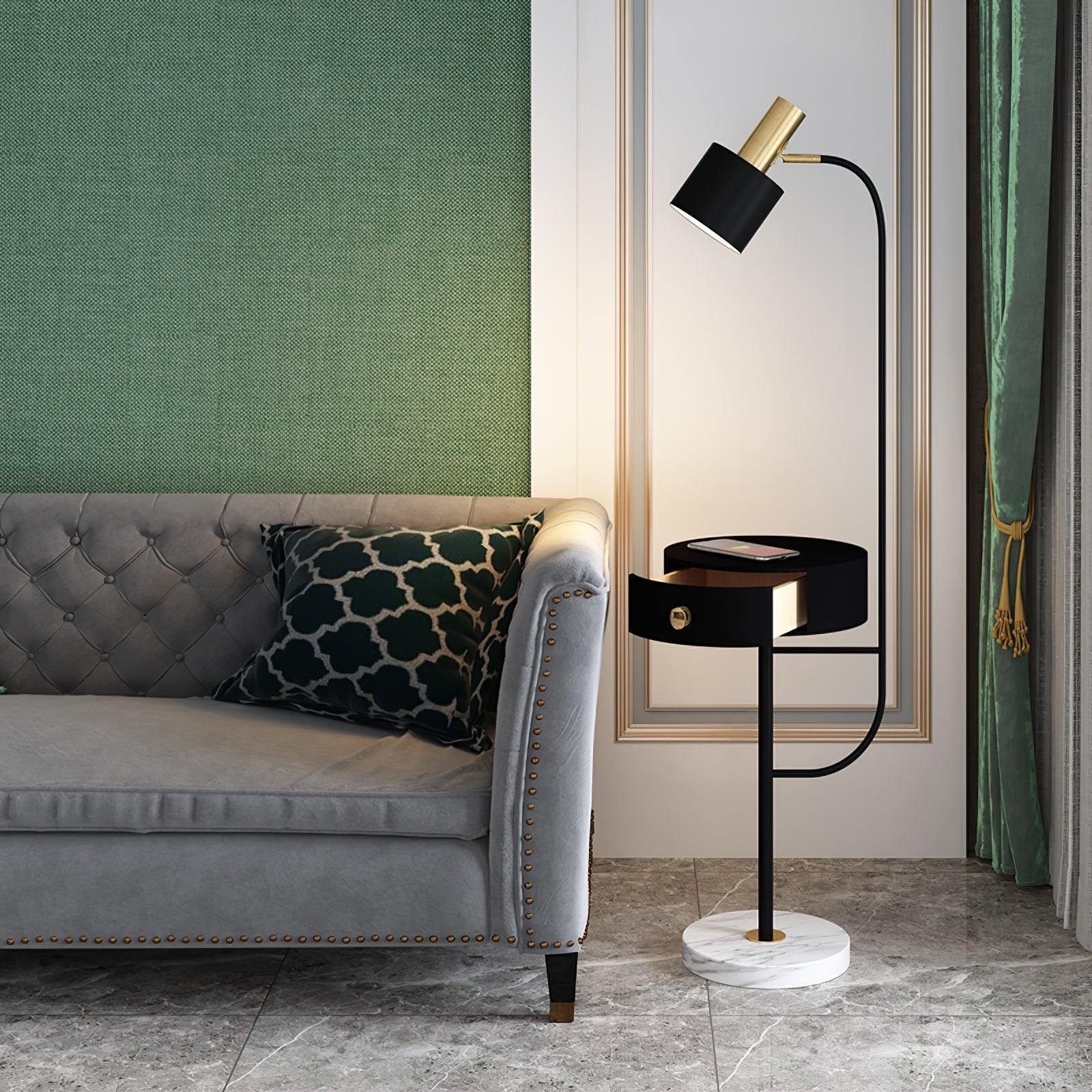 Agueda Modern Standing Floor Lamp with Integrated Wood Side Table and Marble Base