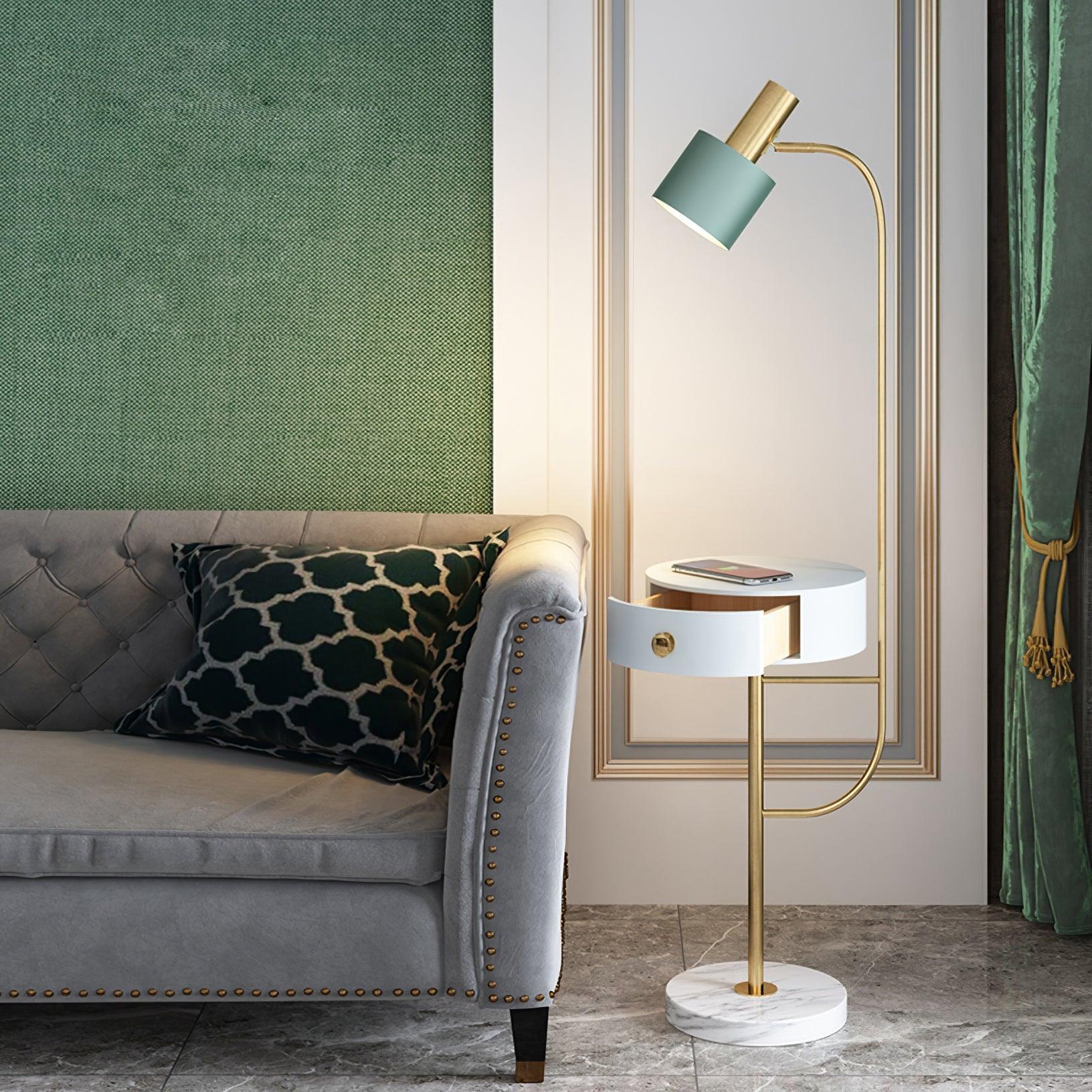 Agueda Modern Standing Floor Lamp with Integrated Wood Side Table and Marble Base