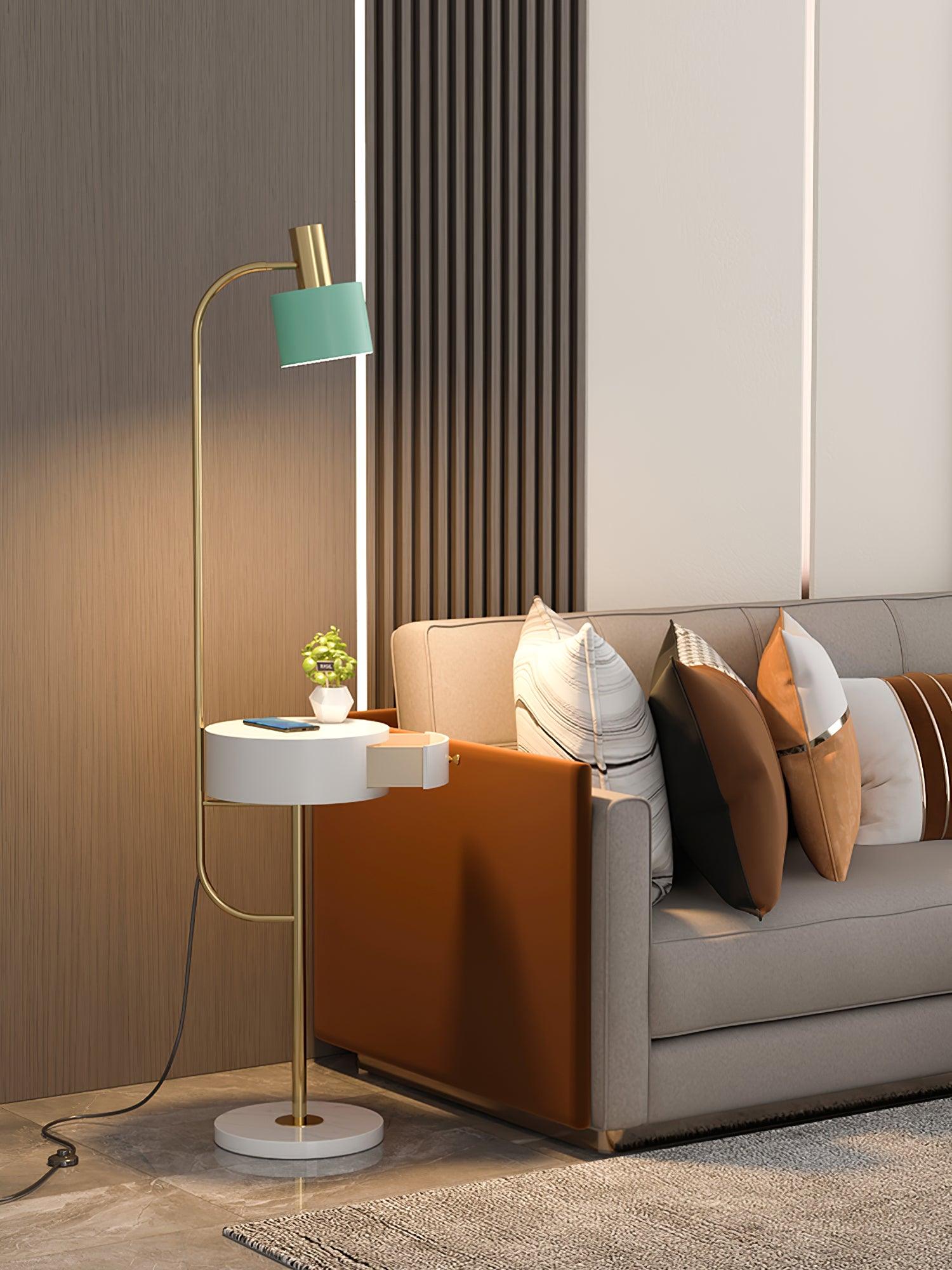 Agueda Modern Standing Floor Lamp with Integrated Wood Side Table and Marble Base