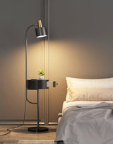 Agueda Modern Standing Floor Lamp with Integrated Wood Side Table and Marble Base
