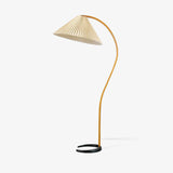 Scandinavian Beech Wood Floor Lamp with Pleated Linen Shade Mid Century Modern Standing Light
