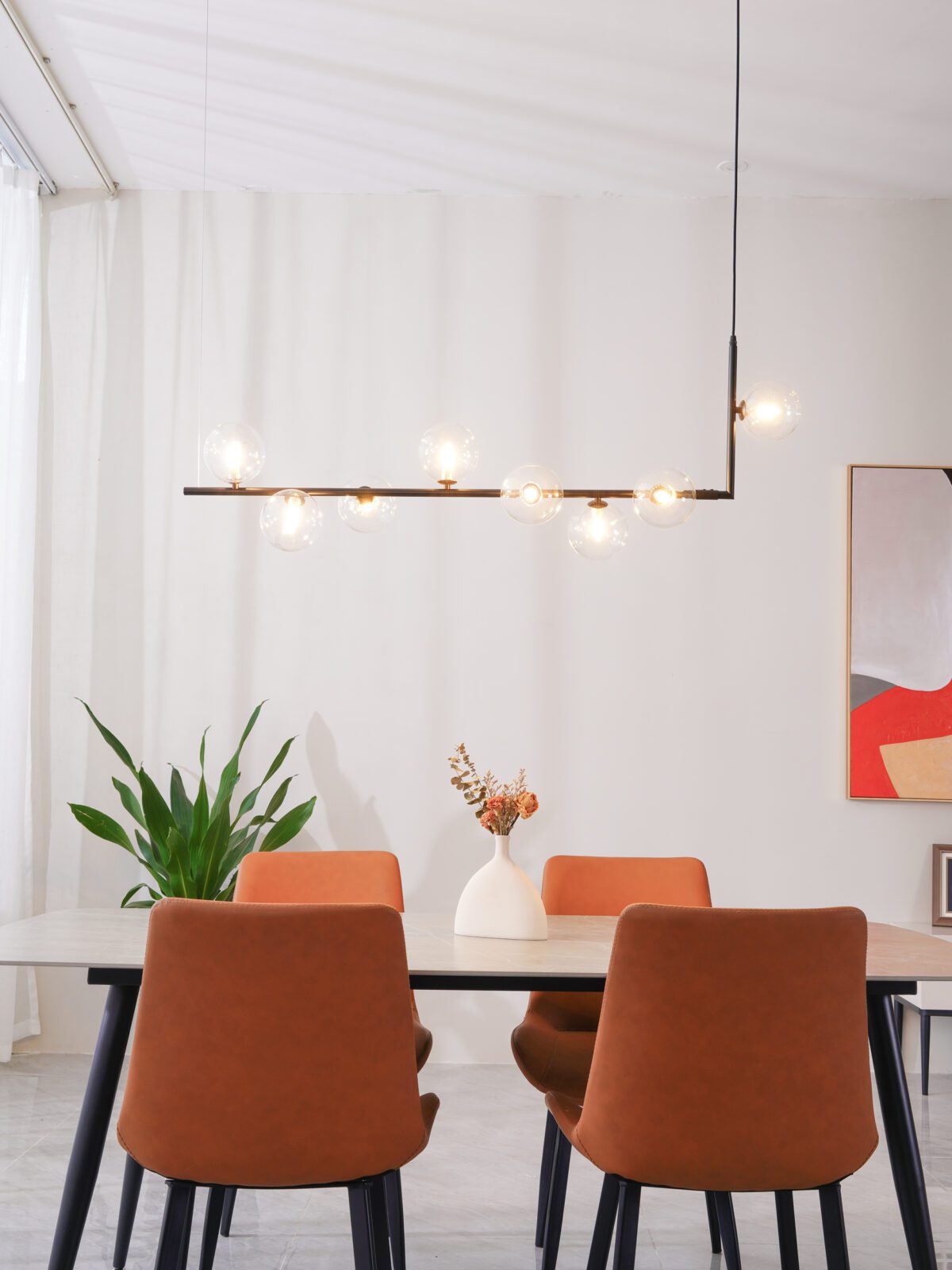 modern-linear-chandelier-with-clear-glass-globe-shades-for-geometric-dining-room-lighting