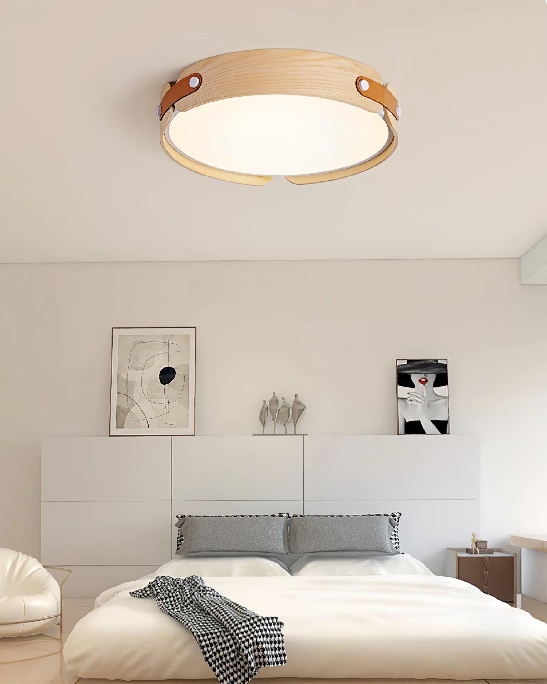 Modern Natural Wood LED Flush Mount Ceiling Light Fixture with Wabi Sabi Minimalist Design