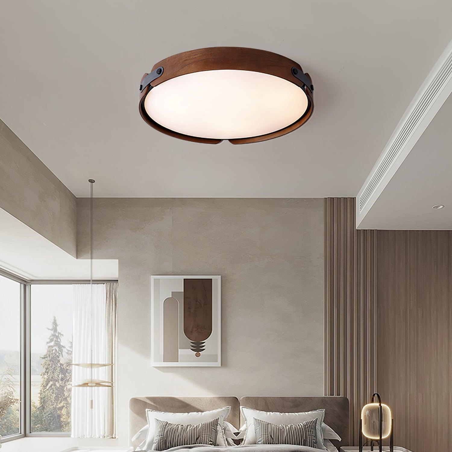 Modern Natural Wood LED Flush Mount Ceiling Light Fixture with Wabi Sabi Minimalist Design