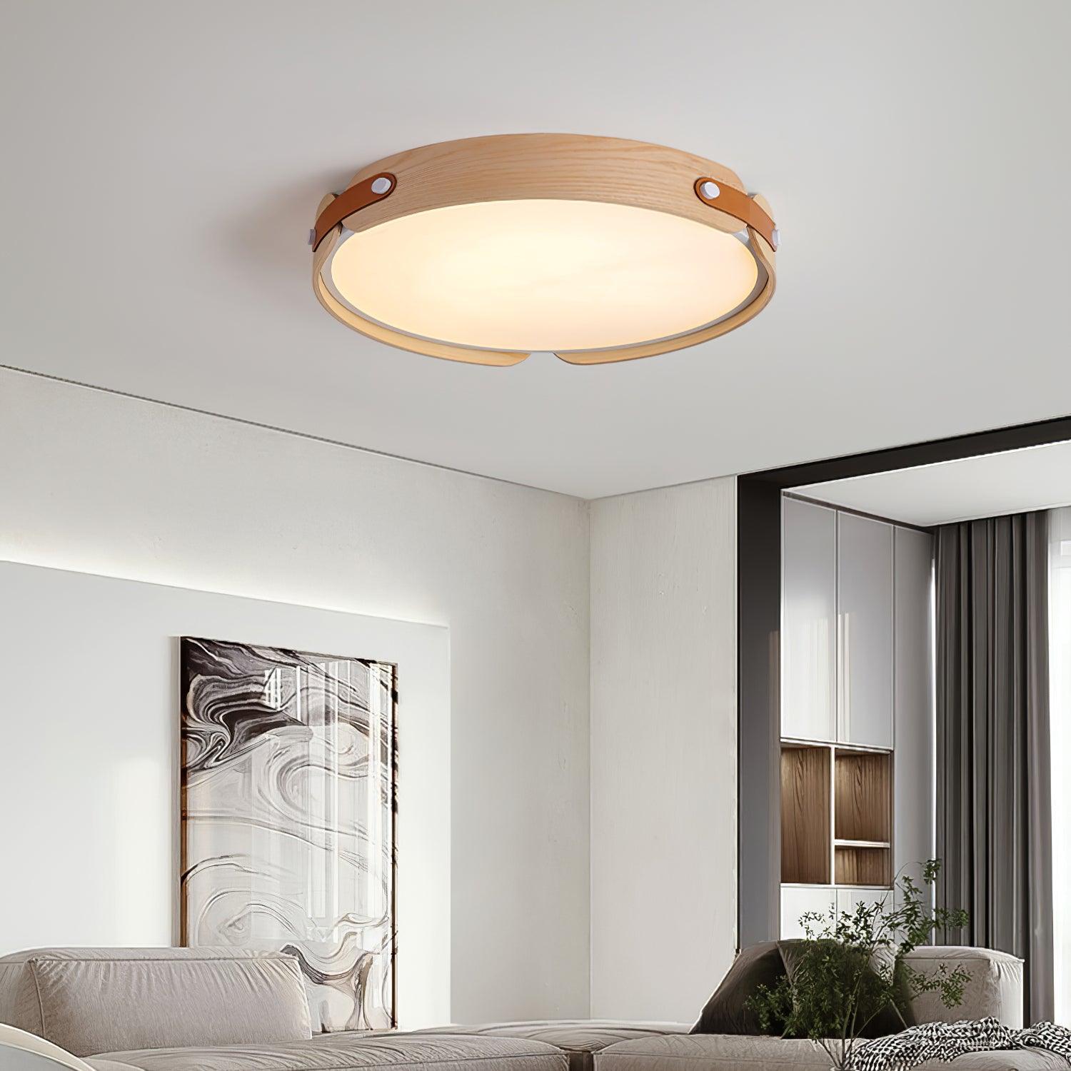 Modern Natural Wood LED Flush Mount Ceiling Light Fixture with Wabi Sabi Minimalist Design