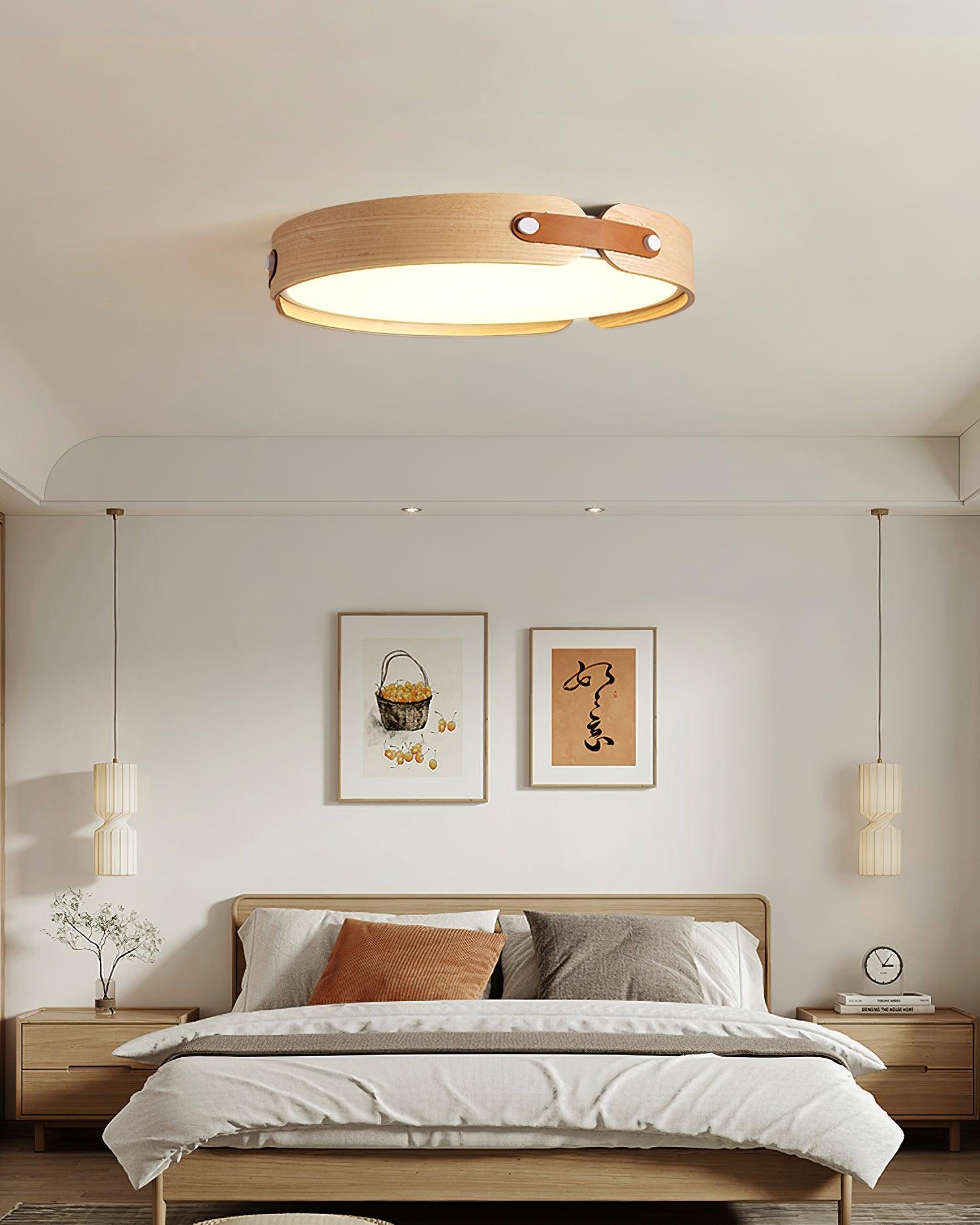Modern Natural Wood LED Flush Mount Ceiling Light Fixture with Wabi Sabi Minimalist Design