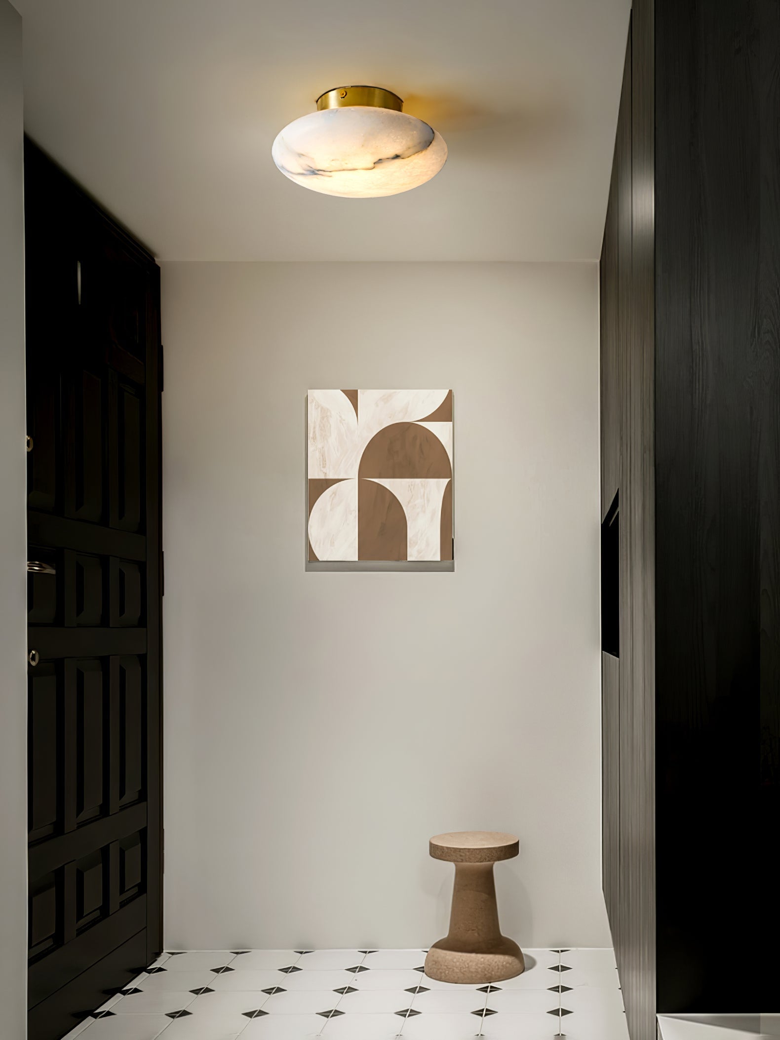Natural Alabaster Stone Oval Ceiling Lamp with Brass Base and Integrated LED