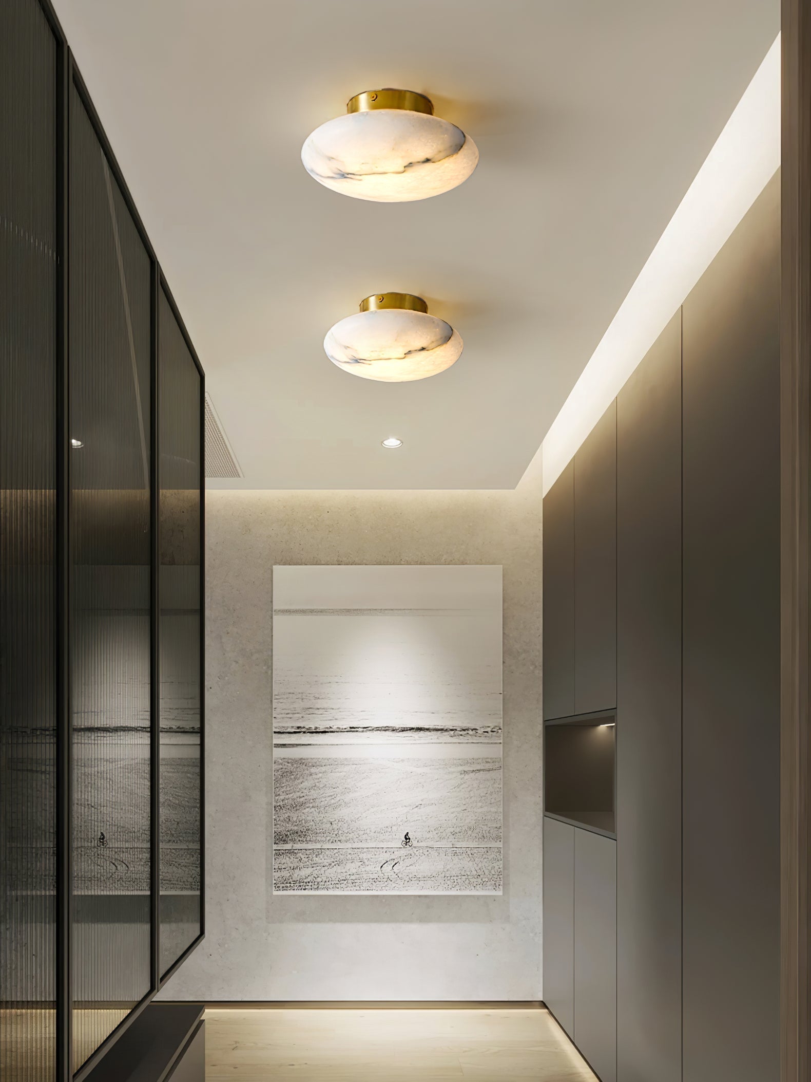 Natural Alabaster Stone Oval Ceiling Lamp with Brass Base and Integrated LED