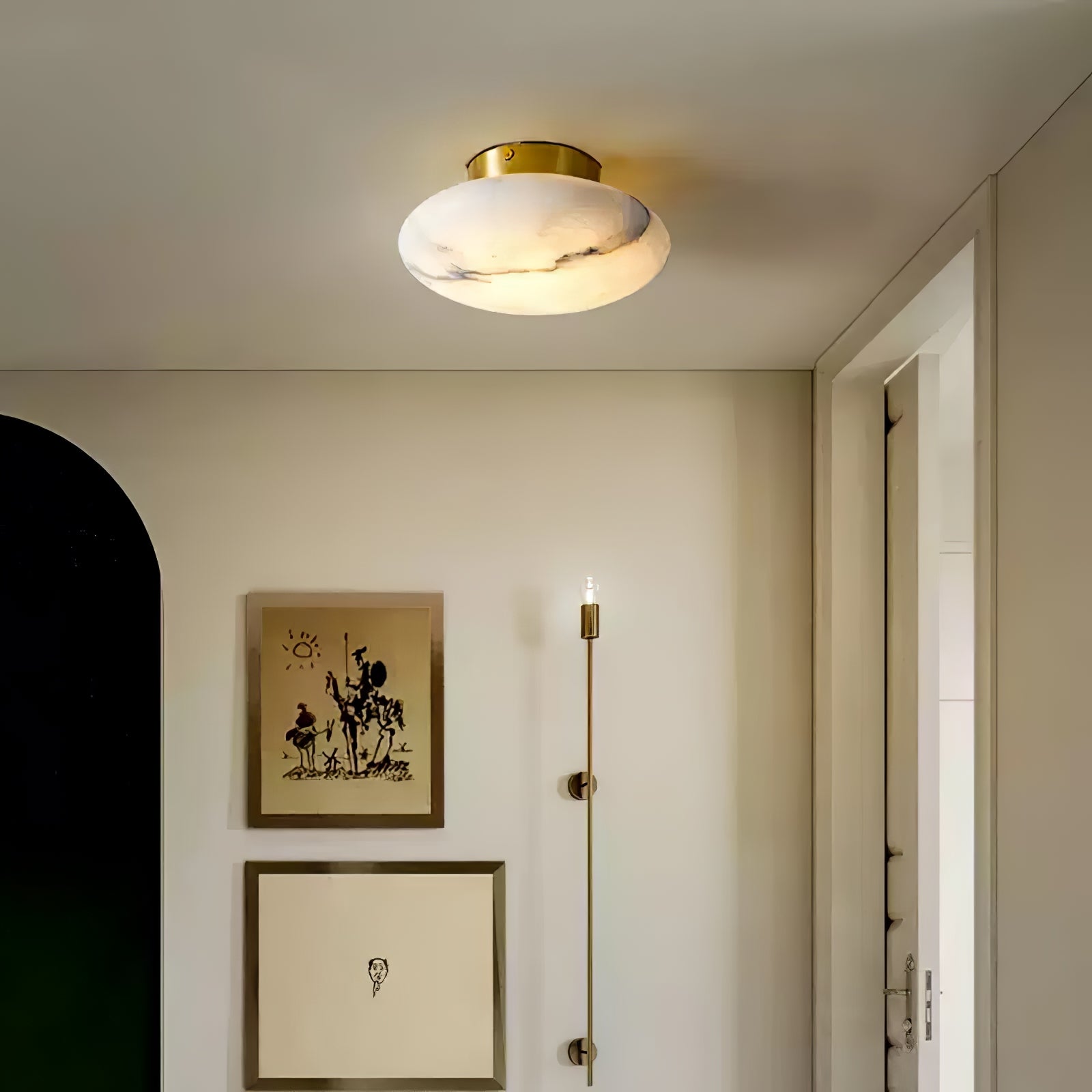 Natural Alabaster Stone Oval Ceiling Lamp with Brass Base and Integrated LED