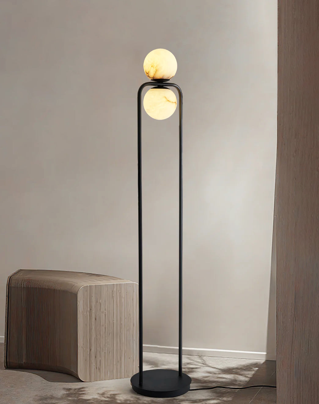 Modern Alabaster Tribeca Standing Floor Lamp with Natural Stone Shade and Black Metal Frame