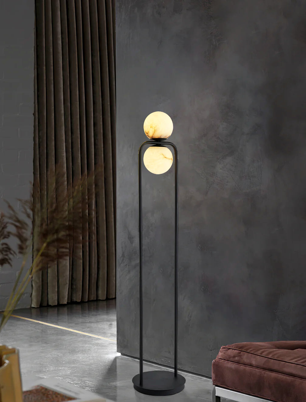 Modern Alabaster Tribeca Standing Floor Lamp with Natural Stone Shade and Black Metal Frame