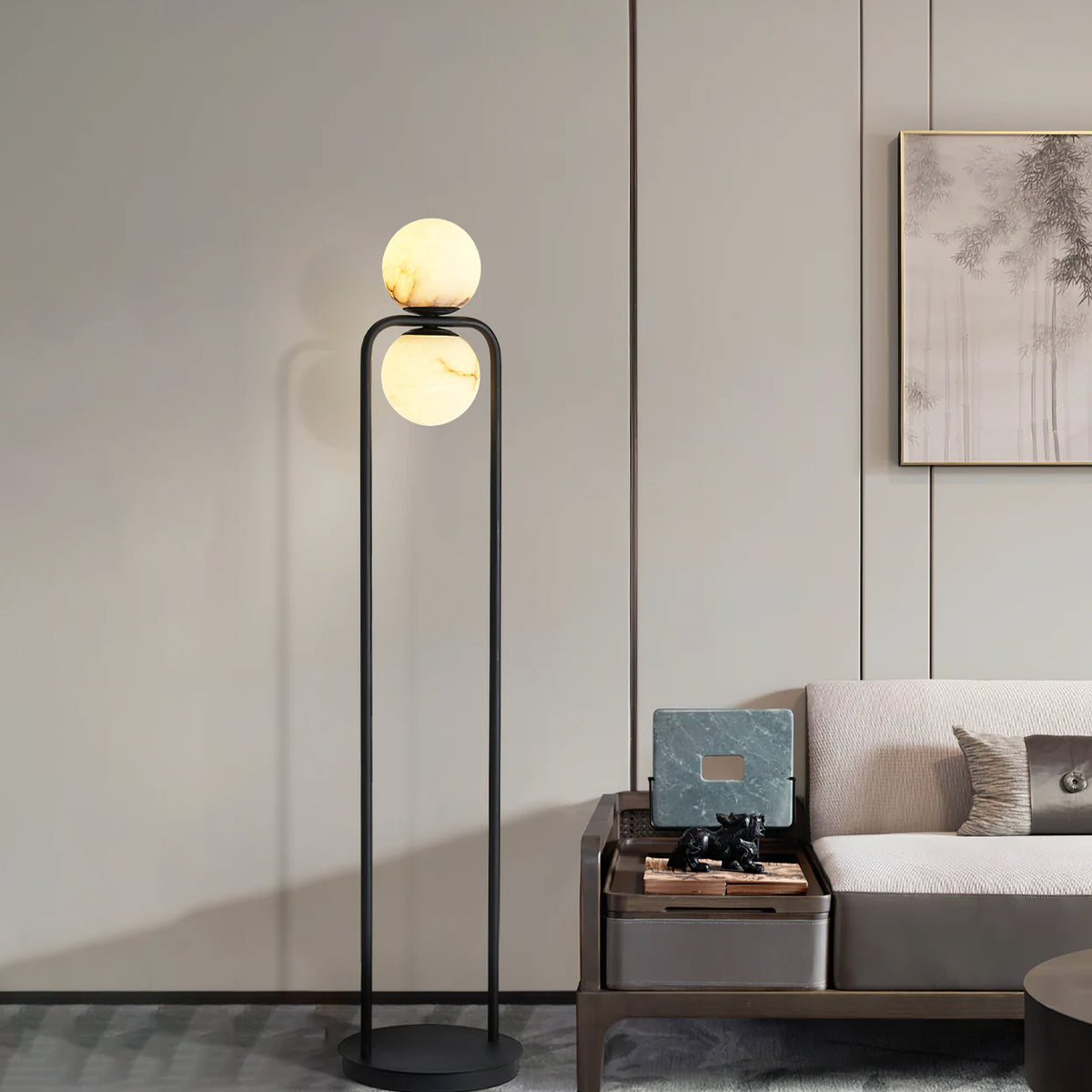 Modern Alabaster Tribeca Standing Floor Lamp with Natural Stone Shade and Black Metal Frame