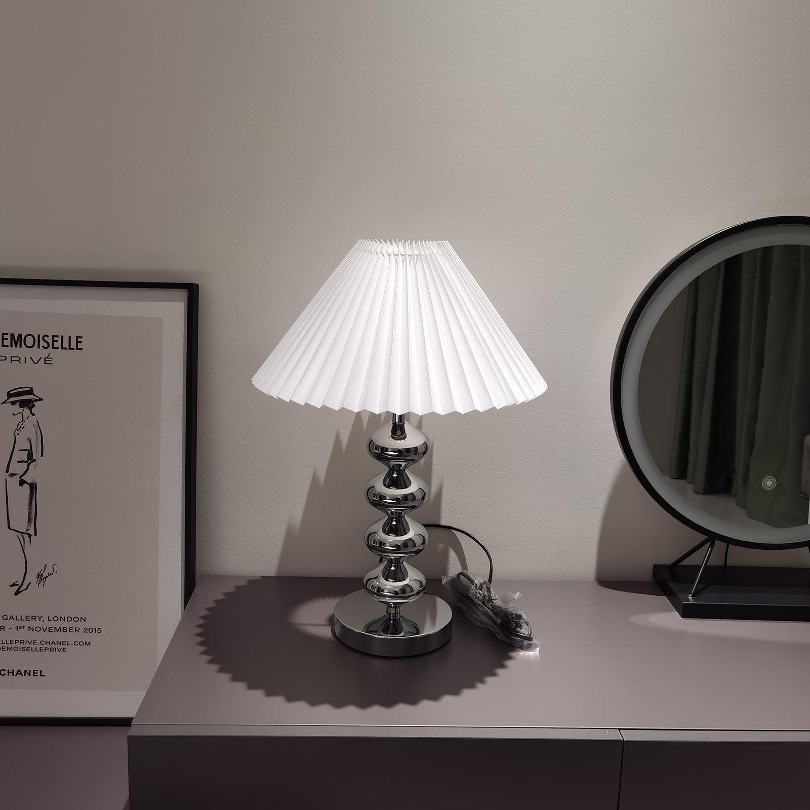 Aleisha Modern Pleated Fabric Shade Table Lamp with Chrome Base for Bedroom and Living Room