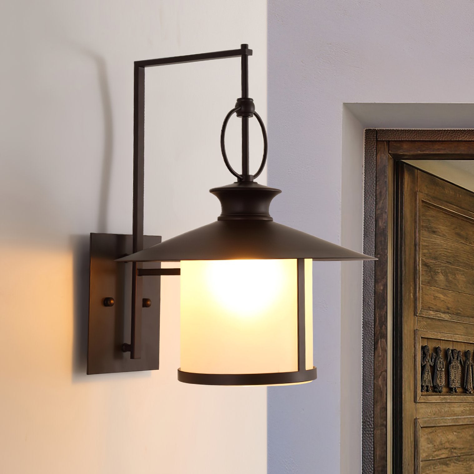 classic-brown-iron-outdoor-wall-lantern-sconce-with-white-glass-shade-for-entryway