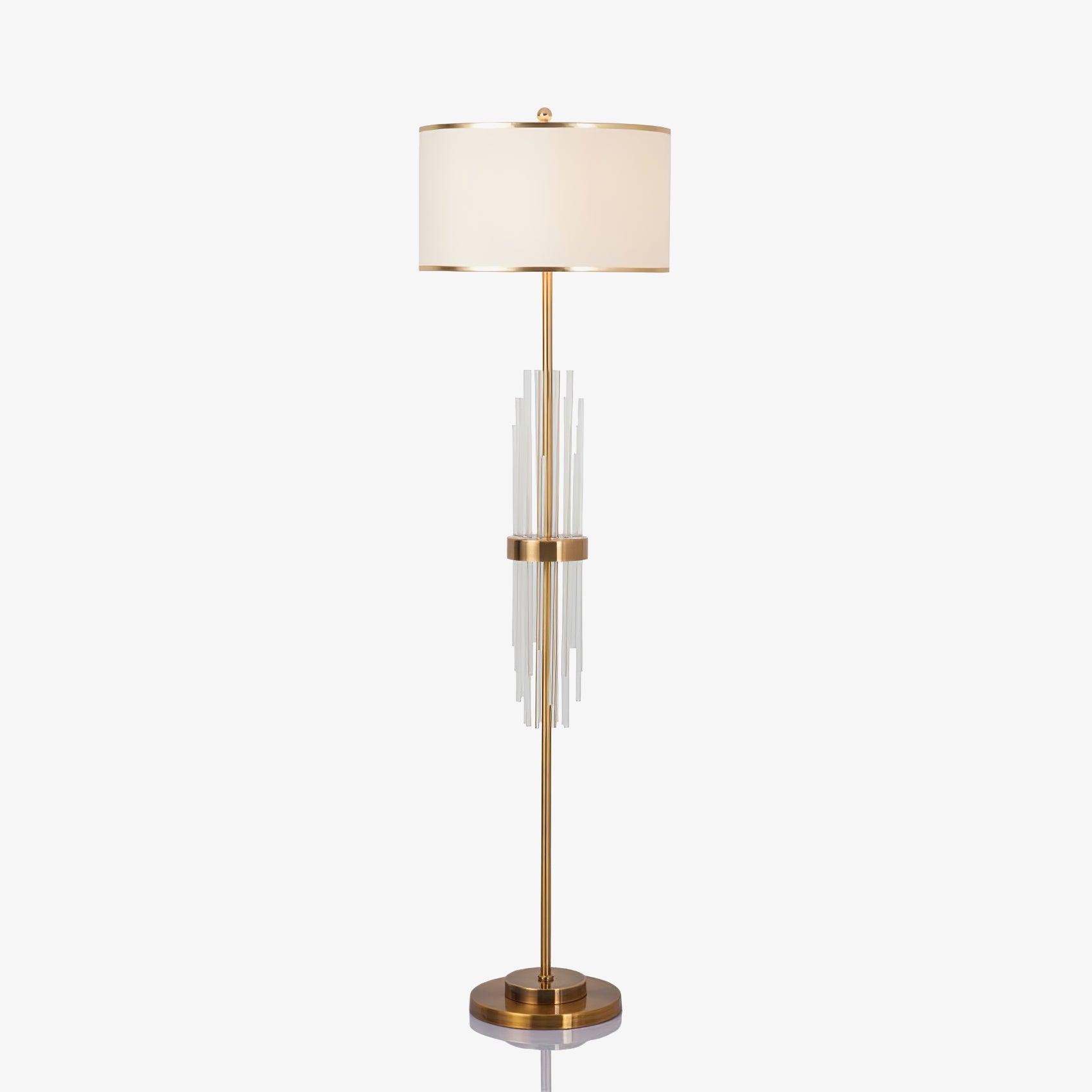 Modern Tall Linear Floor Lamp with Gold Metal Accents and Beige Fabric Shade