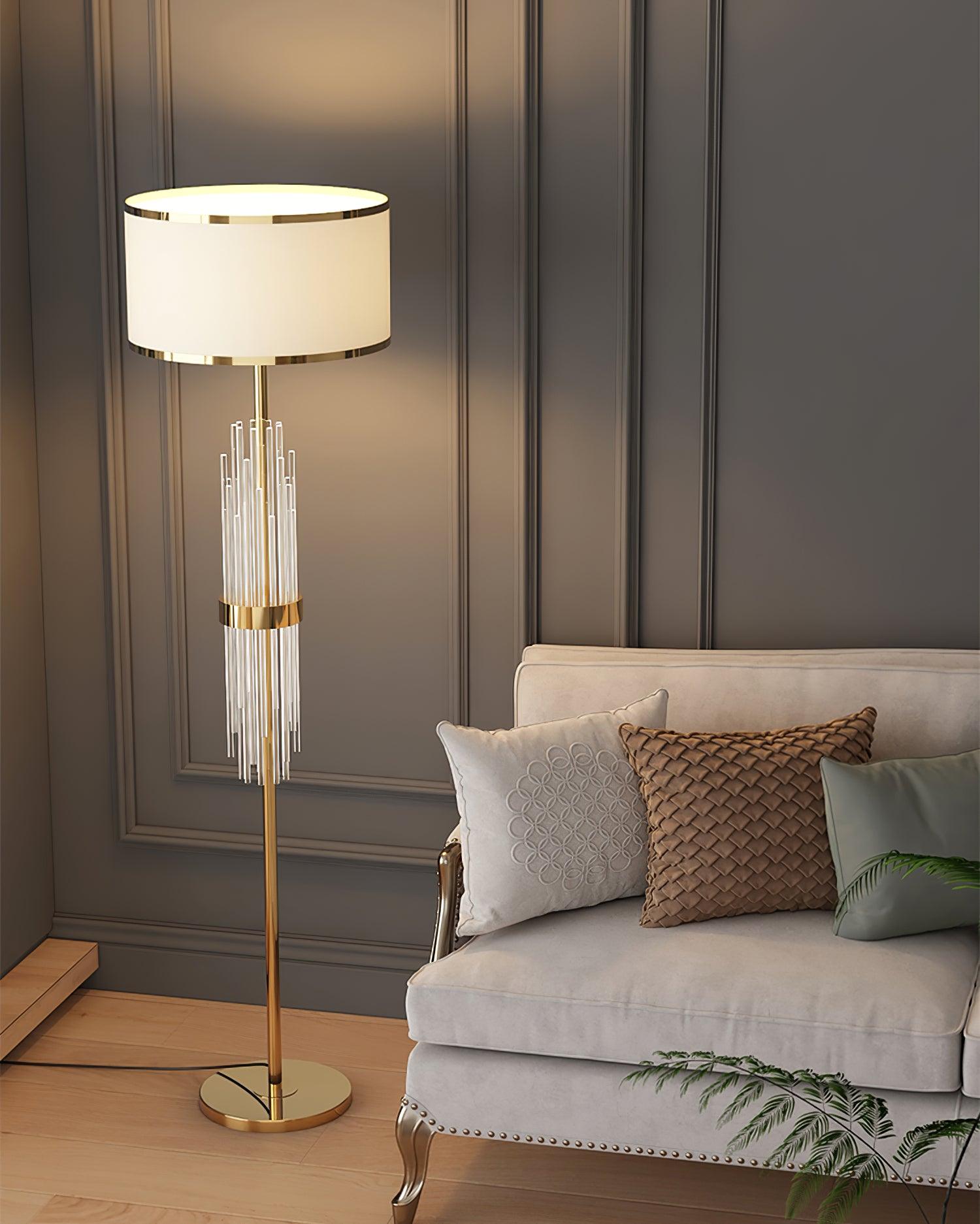 Modern Tall Linear Floor Lamp with Gold Metal Accents and Beige Fabric Shade