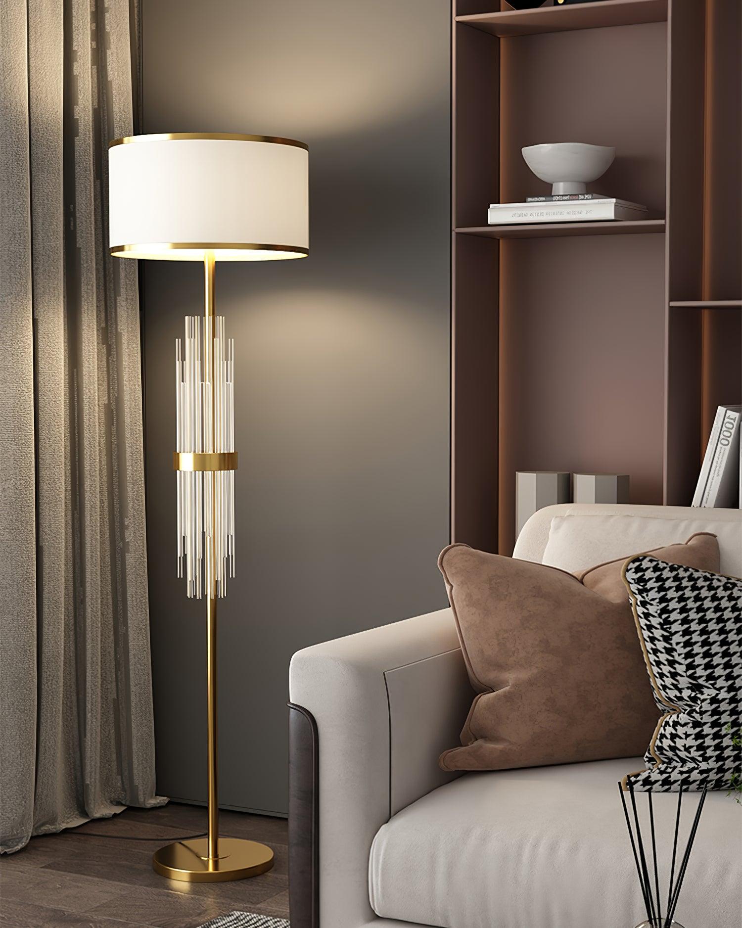 Modern Tall Linear Floor Lamp with Gold Metal Accents and Beige Fabric Shade