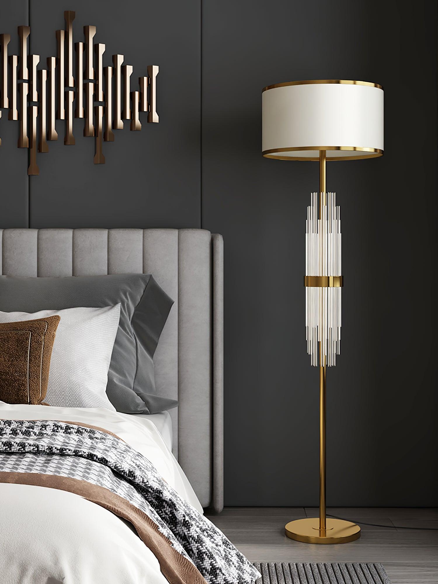 Modern Tall Linear Floor Lamp with Gold Metal Accents and Beige Fabric Shade