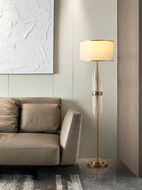 Modern Tall Linear Floor Lamp with Gold Metal Accents and Beige Fabric Shade