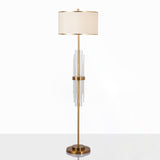 Modern Tall Linear Floor Lamp with Gold Metal Accents and Beige Fabric Shade