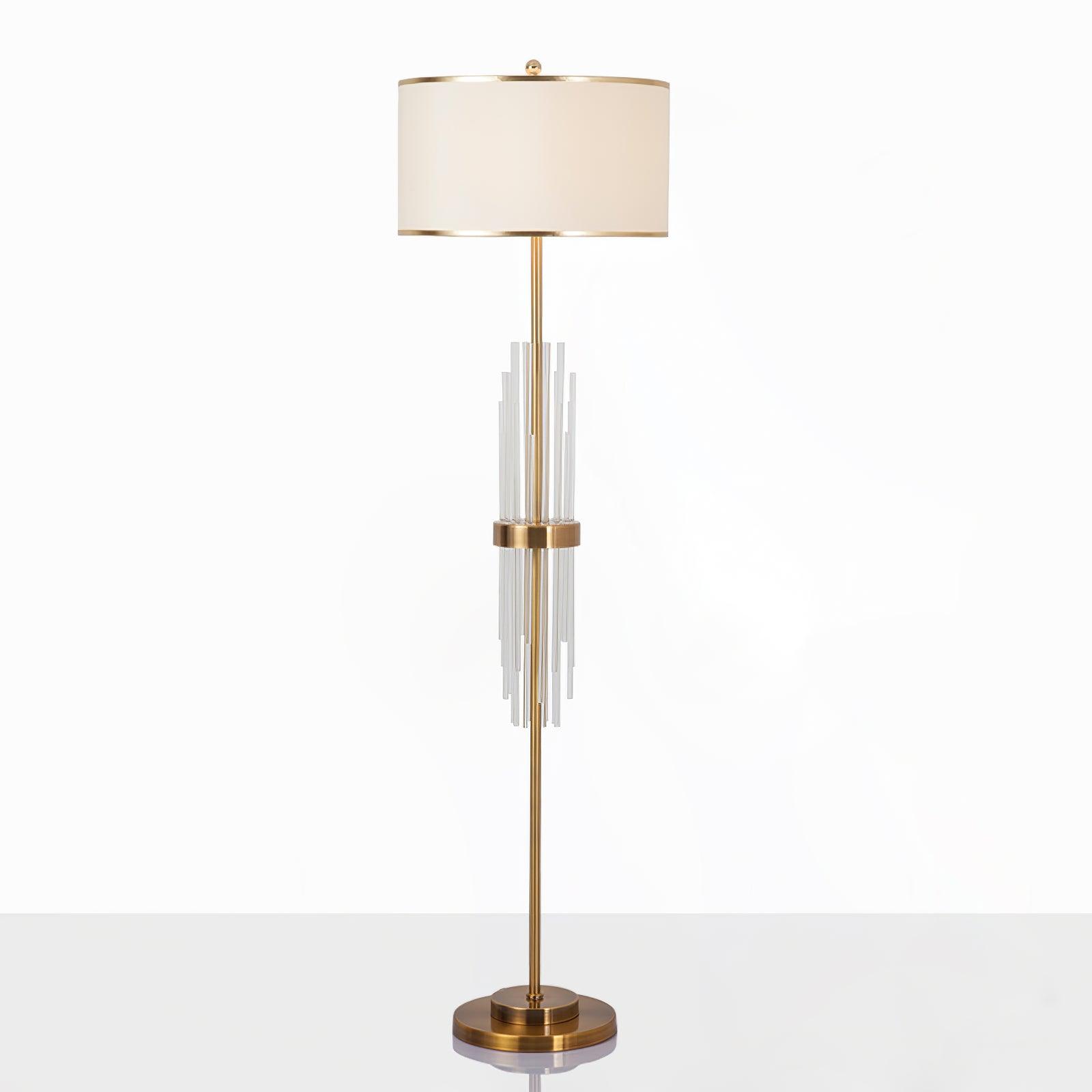Modern Tall Linear Floor Lamp with Gold Metal Accents and Beige Fabric Shade