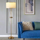 Modern Tall Linear Floor Lamp with Gold Metal Accents and Beige Fabric Shade
