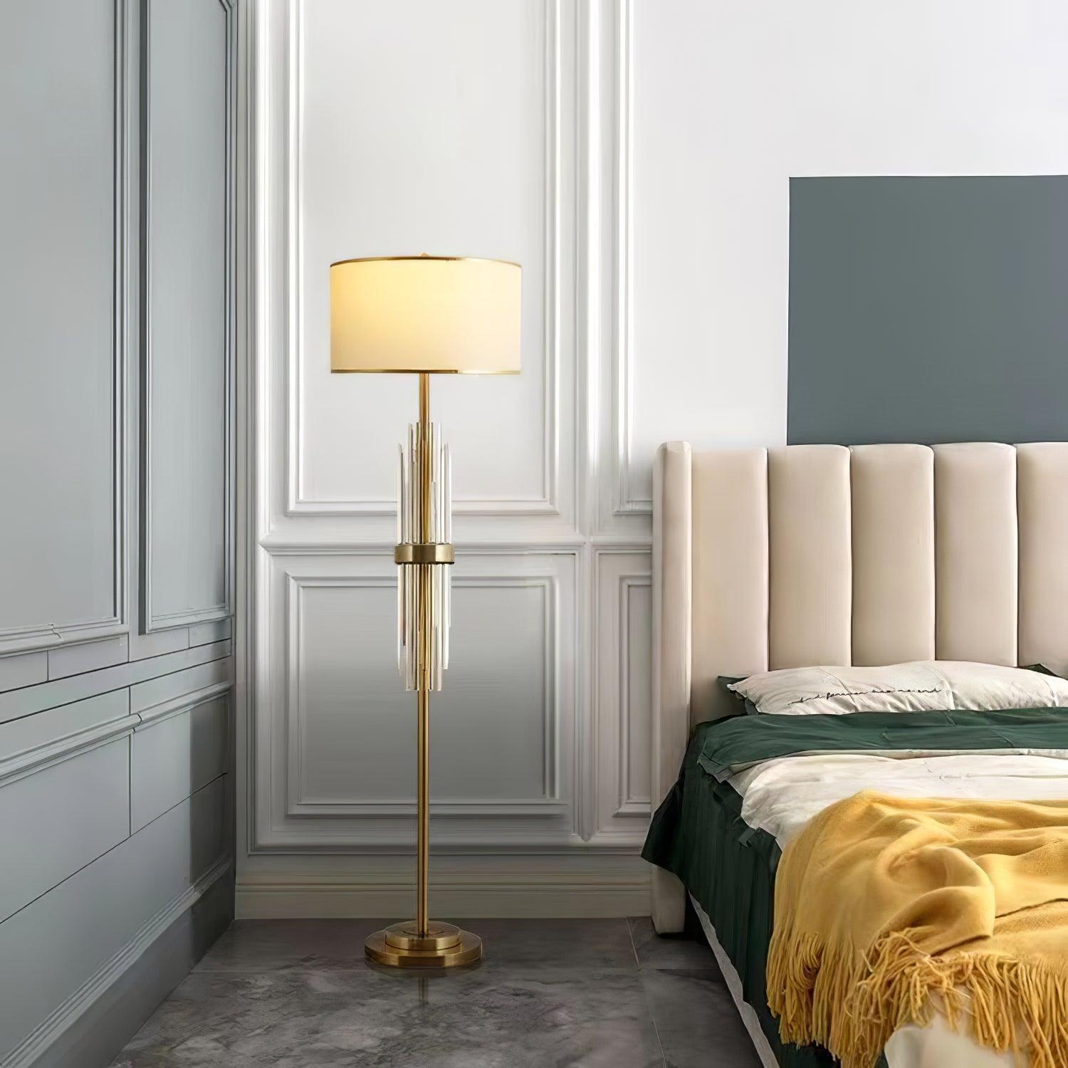 Modern Tall Linear Floor Lamp with Gold Metal Accents and Beige Fabric Shade