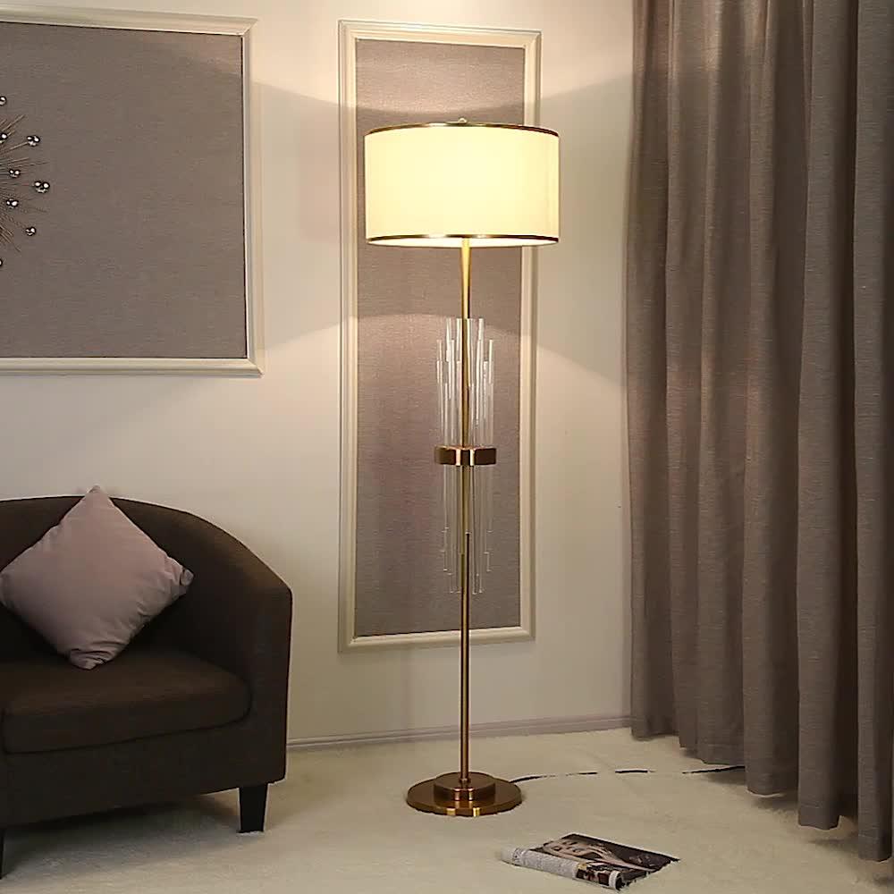 Modern Tall Linear Floor Lamp with Gold Metal Accents and Beige Fabric Shade