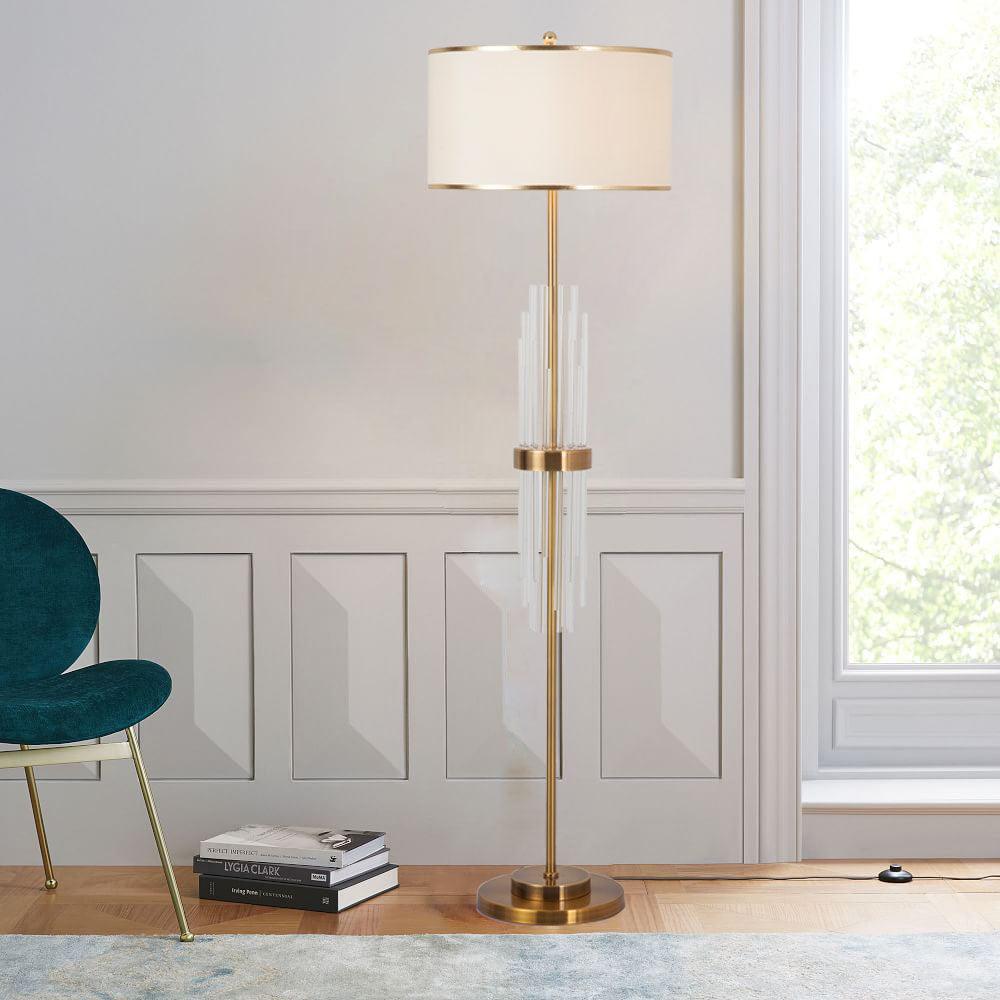 Modern Tall Linear Floor Lamp with Gold Metal Accents and Beige Fabric Shade