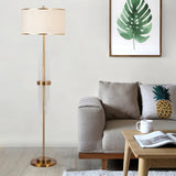Modern Tall Linear Floor Lamp with Gold Metal Accents and Beige Fabric Shade