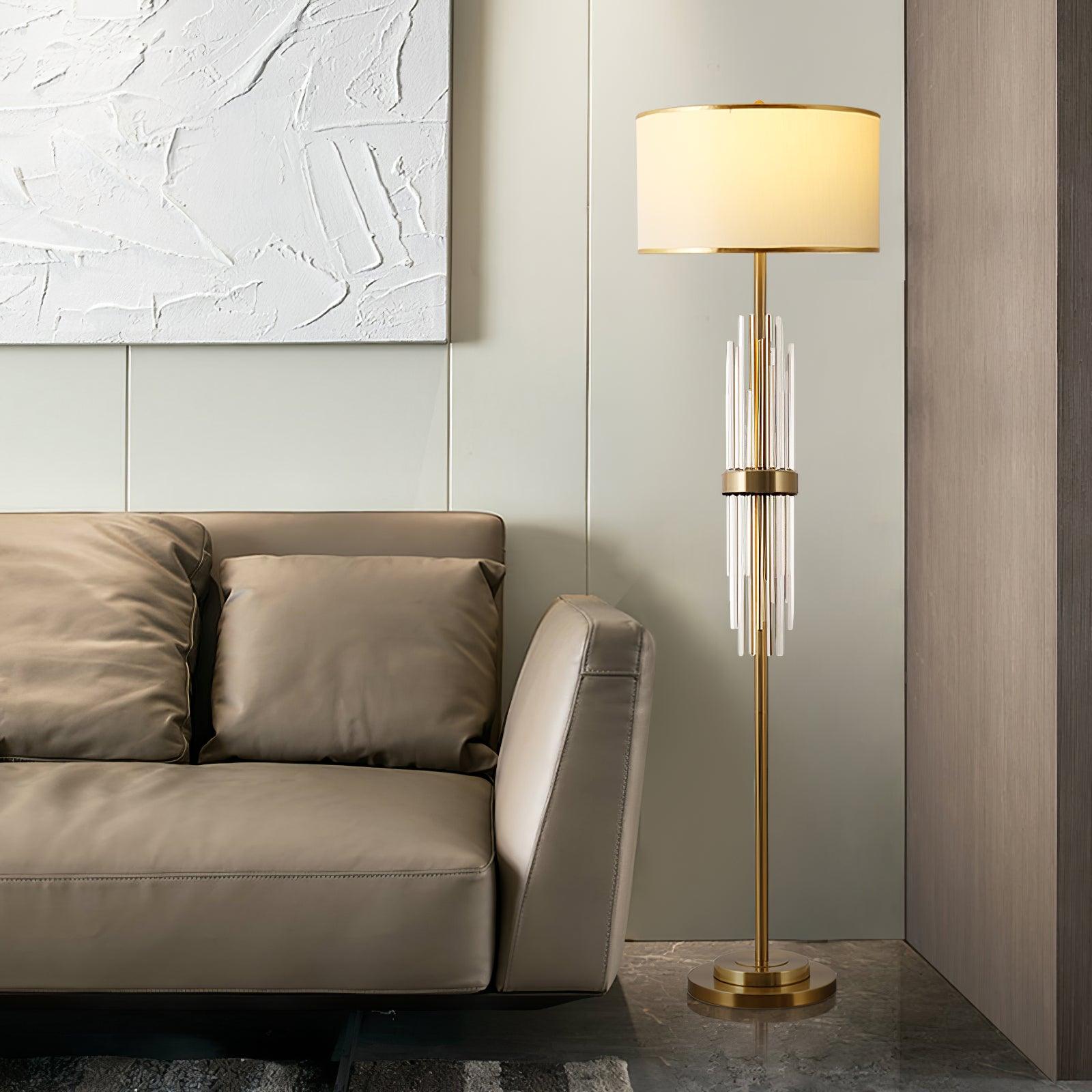 Modern Tall Linear Floor Lamp with Gold Metal Accents and Beige Fabric Shade
