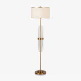 Modern Tall Linear Floor Lamp with Gold Metal Accents and Beige Fabric Shade