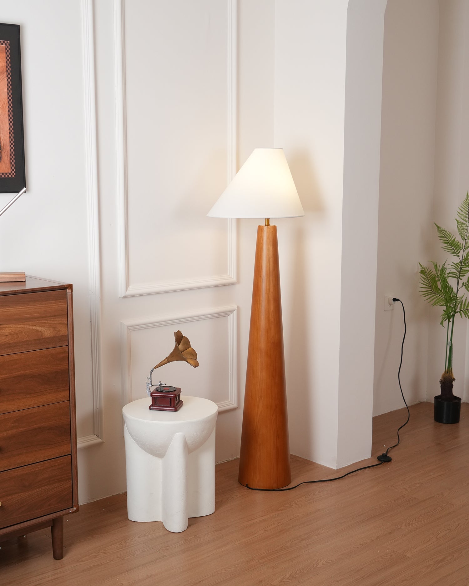 Modern Wood Floor Lamp with Asymmetrical Linen Shade for Contemporary Living Room Lighting