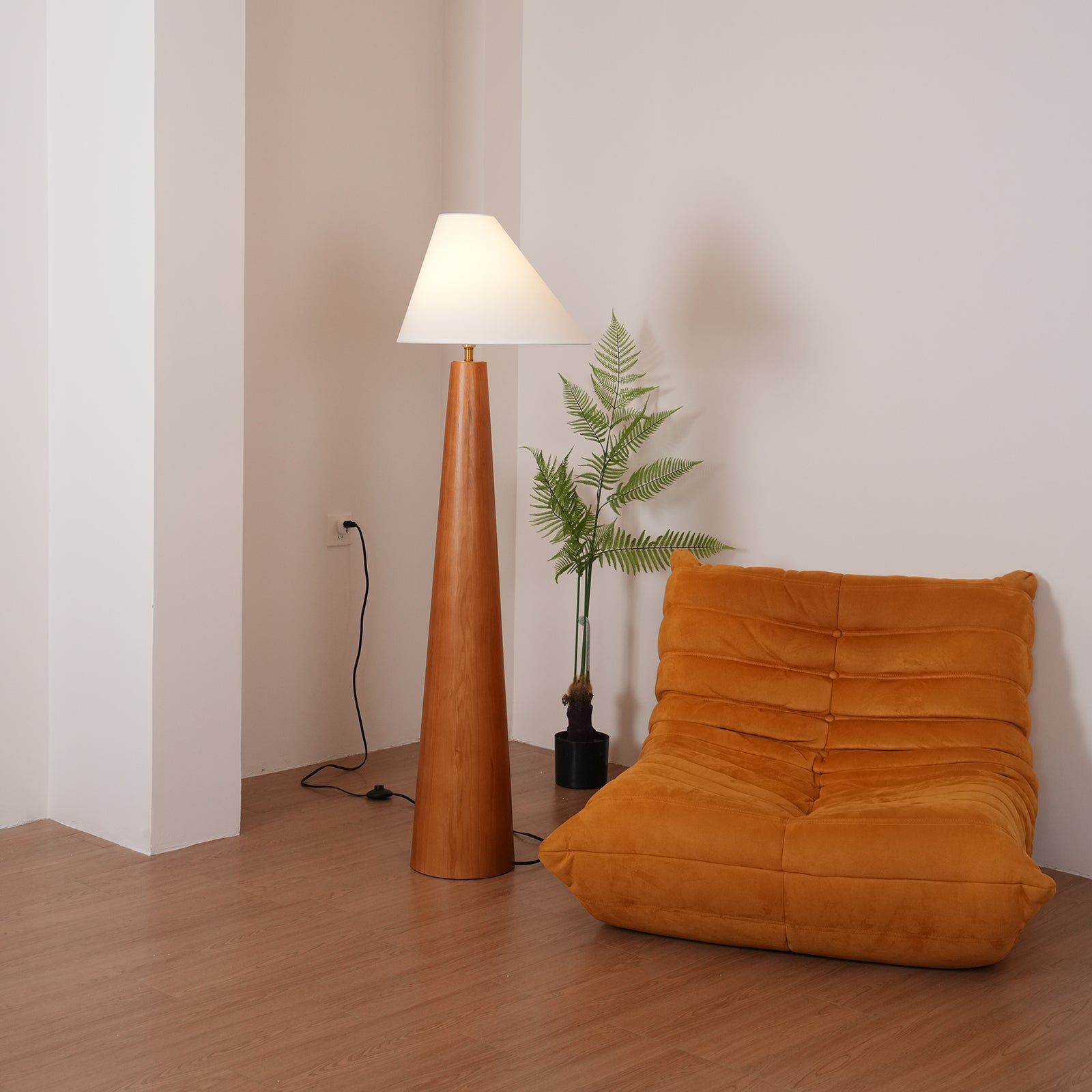 Modern Wood Floor Lamp with Asymmetrical Linen Shade for Contemporary Living Room Lighting