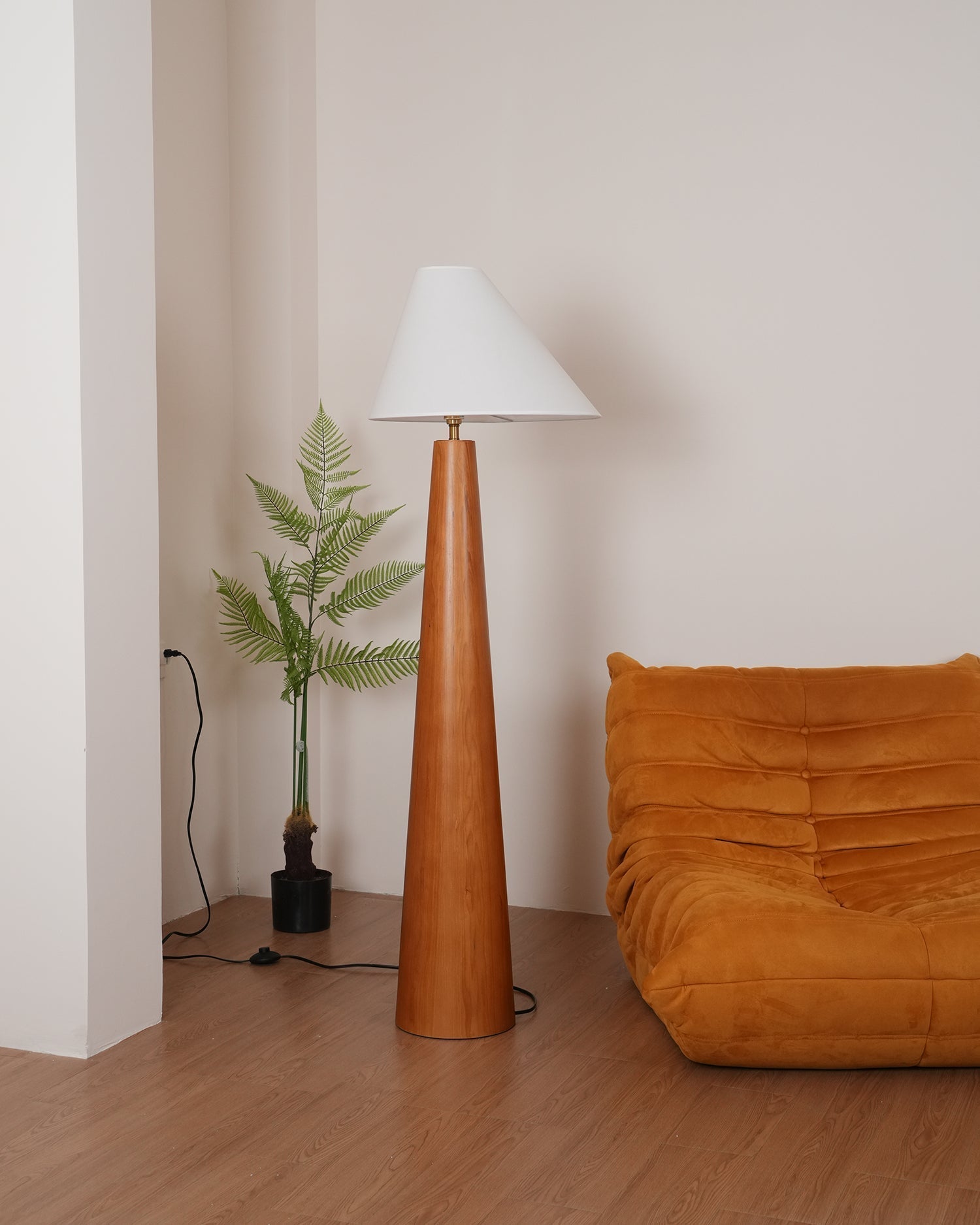 Modern Wood Floor Lamp with Asymmetrical Linen Shade for Contemporary Living Room Lighting