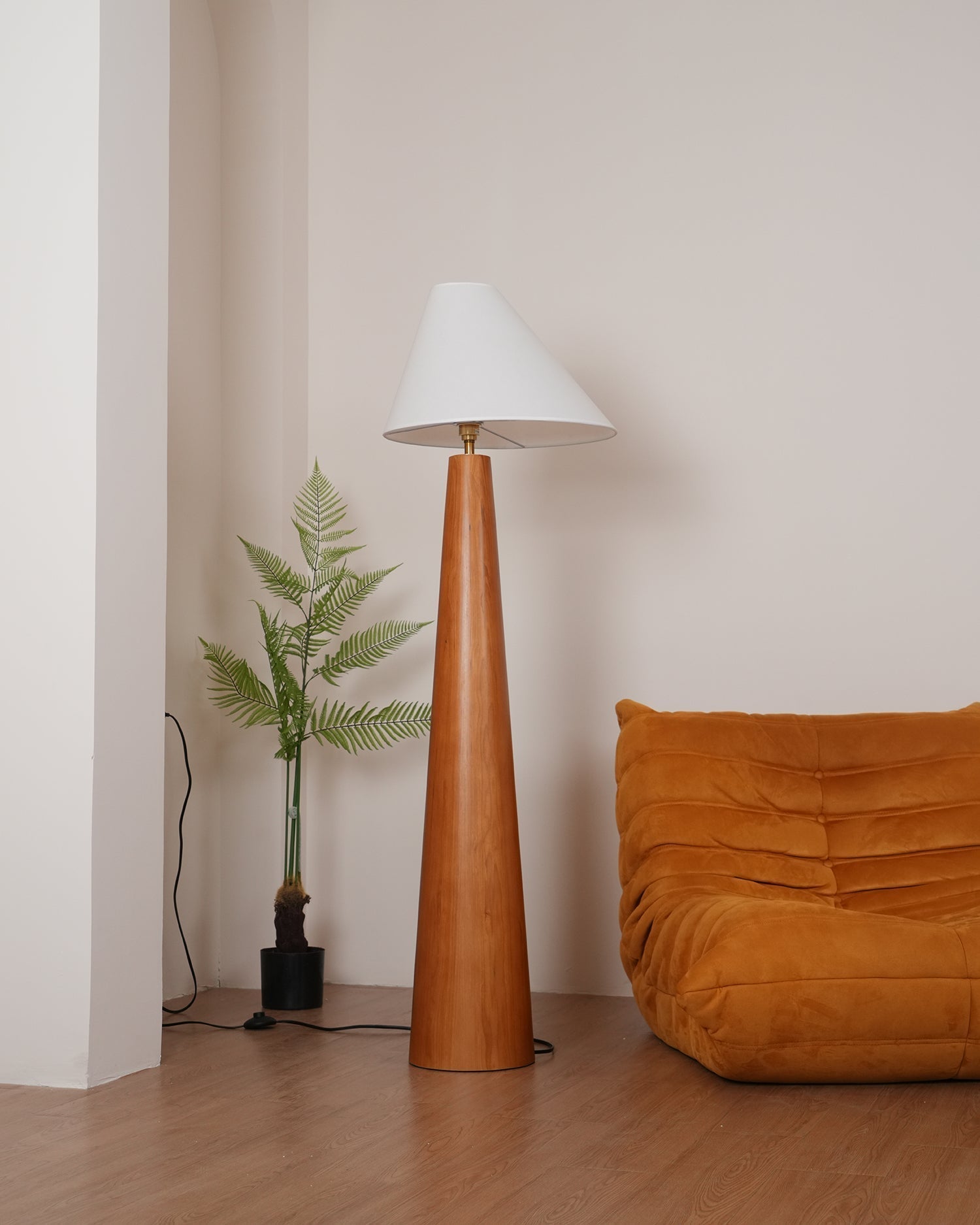 Modern Wood Floor Lamp with Asymmetrical Linen Shade for Contemporary Living Room Lighting
