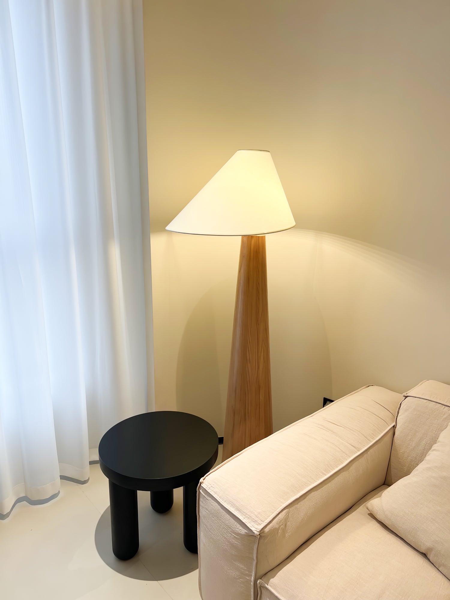 Modern Wood Floor Lamp with Asymmetrical Linen Shade for Contemporary Living Room Lighting